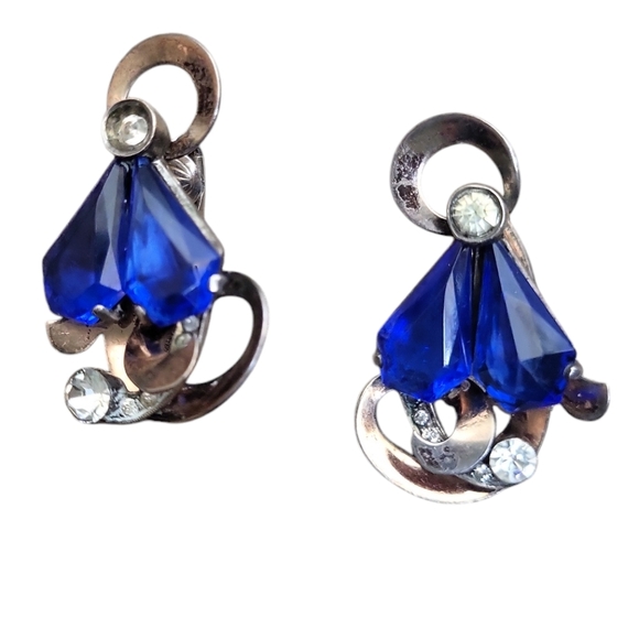 Sterling Curl Swirl Ribbon Blue Rhinestone Clear Crystal Clip On Earrings - Picture 1 of 4